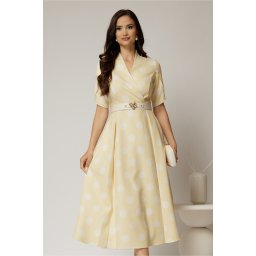 Rochie DY Fashion galbena cu buline cu decolteu si maneci petrecute