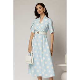 Rochie DY Fashion bleu cu buline cu decolteu si maneci petrecute