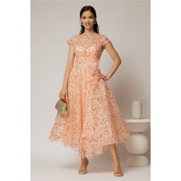 Rochie midi roz somon de ocazie din dantela cu paiete si perle