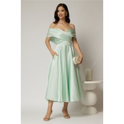 Rochie midi verde menta din tafta de ocazie cu umeri goi