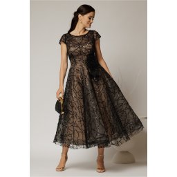Rochie midi neagra de ocazie din dantela cu paiete si perle