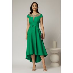 Rochie DY Fashion asimetrica verde cu funda in talie si aplicatii la decolteu