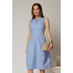 Rochie tip sarafan bleu cu decupaj la bust si fusta gogosar din poplin
