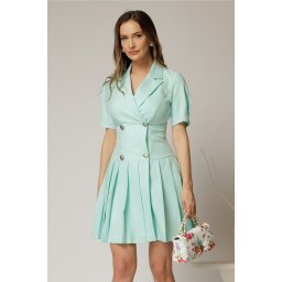 Rochie scurta turcoaz tip sacou cu pliuri pe fusta