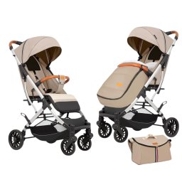 Carucior sport cu geanta si husa pentru picioare, pliere rapida tip troller, S2 Crem