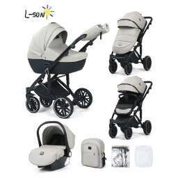 Carucior 3 in 1, G8 Luxury Gri, reversibil, cu suspensii, din piele ECO