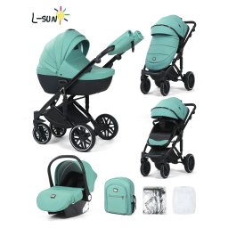 Carucior 3 in 1, G8 Luxury Verde, reversibil, cu suspensii, din piele ECO