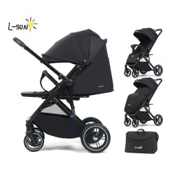 Carucior sport Q1, Negru, cu maner reversibil, pozitie de somn, pliabil, cu husa si geanta