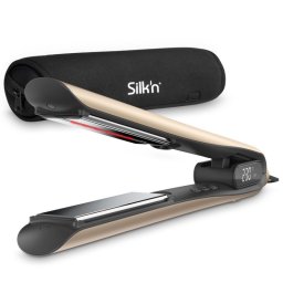 Placa de indreptat parul Silk'n SilkyStraight SIS1PE1001, 45 W, 12 setari de temperatura, Afisaj LED, Placi din titan, Tehnologie cu infrarosu, Ionizare, 120-230°C, Memorie, Auriu/Roz
