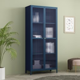 Vitrina living din otel cu sticla striata, albastru marin, 180x80x35 cm