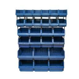 Stand de depozitare cu 26 cutii din plastic albastre, 1020x510x1350 mm
