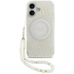 Husa Husa pentru iPhone 17 - Guess IML Flowers with Pearl Strap MagSafe (GUHMP17SHCPOFPH) - White