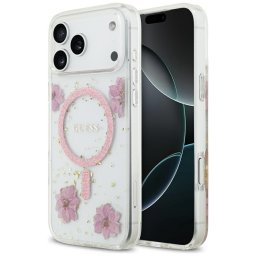 Husa Husa pentru iPhone 17 Pro - Guess Resin Flowers and Glitter MagSafe (GUHMP17LRBFGFGMP) - Pink