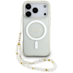 Husa Husa pentru iPhone 17 Pro - Guess IML Glitter with Pearl Strap MagSafe (GUHMP17LHGCRELST) - Clear