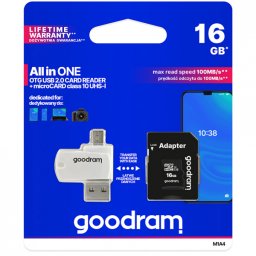 Card Memorie microSDHC GoodRam, 16Gb, Clasa 10 / UHS-1 U1, Cu Cititor Card si Adaptor M1A4-0160R12