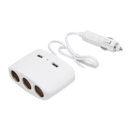 Adaptor bricheta auto triplu 12/24V cu 2 porturi USB, alb