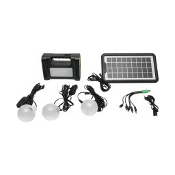 Kit iluminat solar LED portabil cu 3 becuri, proiector si baterie 6V pentru camping