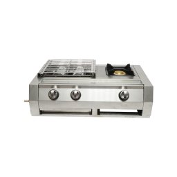 Gratar de camping pe gaz din inox cu 2 arzatoare si zona de gatit