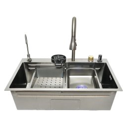 Chiuveta de bucatarie multifunctionala din inox, cu baterii si cascada, 75x46 cm