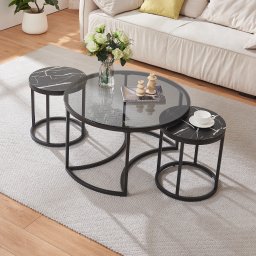 Set 3 masute de cafea Kokkola cu sticla fumurie si efect marmura, negru