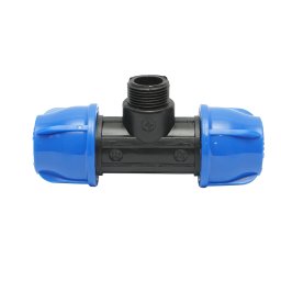 Teu compresiune PE cu filet exterior 90° 25x25 mm x 3/4, PN16 pentru irigatii