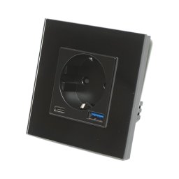 Priza Schuko neagra cu USB A+C 20W, rama din sticla, montaj incastrat