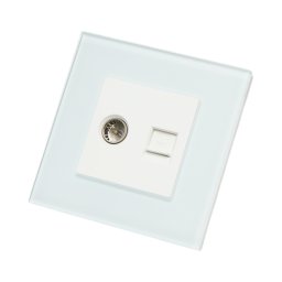 Priza TV si internet RJ45 CAT5 cu rama din sticla alba, 86x86 mm