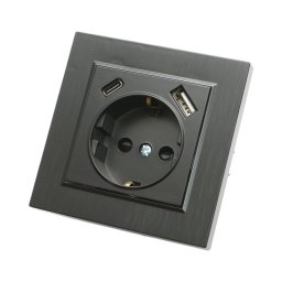 Priza Schuko incastrata neagra cu USB A+C, 16A, 220V, 80x80 mm