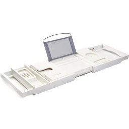 TranquilBeauty masuta cada extensibila bambus 70-102 cm, antiderapanta, antimucegai, suport tableta vin lumanare, alb - Verificat A · Re-Bloom