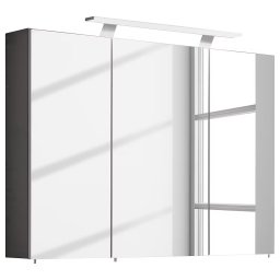 Mona dulap baie oglinda LED 100x76x16 cm, 3 usi oglinda, 6 rafturi sticla, PAL, gri bazalt - Verificat A · Re-Bloom