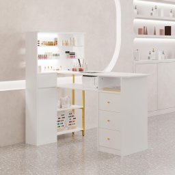 MANIAU211 - Masuta manichiura, 120 cm, birou, masa cosmetica pentru salon cu Aspirator Incorporat, Priza, LED, Sertare si Rafturi - Alb - Auriu