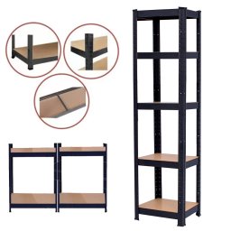 Raft metalic Leziter îngust 180x40x40 cm, 5 polite MDF, negru