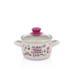 Oala cu capac din sticla Spring Metalac, email, 14cm, 1.55l, Crem cu model floral
