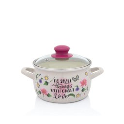 Oala cu capac din sticla Spring Metalac, email, 16cm, 2.2l, Crem cu motive florale