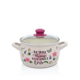 Oala cu capac din sticla Spring Metalac, email, 18cm 3.1l, Crem cu motive forale