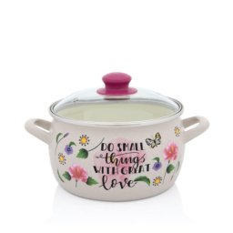 Oala cu capac din sticla Spring Metalac, email, 20cm, 4.2l, Crem cu motive florale