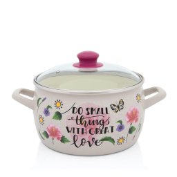 Oala cu capac din sticla Spring Metalac, email, 22cm, 5.4l, Crem cu motive florale