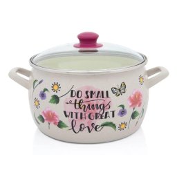 Oala cu capac din sticla Spring Metalac, email, 24cm 7.5l, Crem cu motive forale