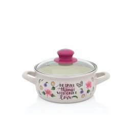 Cratita cu capac sticla Spring Metalac, email, 16cm, 1.5l, Crem cu motive florale