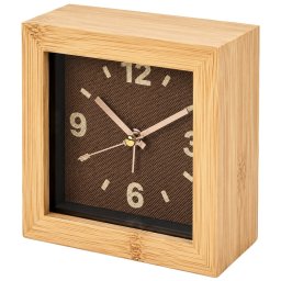 Ceas de masa desteptator patrat Pufo Bamboo 10 cm, maro, design elegant pentru dormitor sau birou
