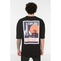 Trendyol Black Men's Oversize/Wide Cut Crew Neck Short Sleeve Space Print 100% Tricou din bumbac.