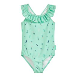 PLAYSHOES Costum de baie întreg 'Surfbrett Palme' bleumarin / verde mentă / portocaliu deschis / alb