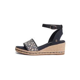 TOMMY HILFIGER Sandale cu baretă 'Logo Plaque Wedge Heel' bej / bleumarin / albastru deschis