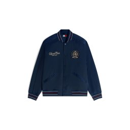 Tommy Jeans Geacă de primăvară-toamnă 'Crest Patch Relaxed Bomber' bleumarin / maro mokka / roșu cireș / alb