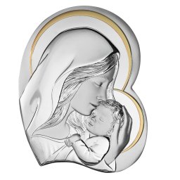 Icoana argintata Sfanta Fecioara Maria si Pruncul Isus - Inima (Dimensiune icoana: 15 x 21 cm)