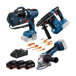 Bosch - GSB 18V-65 + GWS 18V-11 + GBH 18V-24 C - Masina de gaurit si insurubat cu percutie, 65 Nm + Polizor unghiular, 125 mm + Rotopercutor SDS-Plus, 2.4 J + Set 3 acumulatori si incarcator, Li-Ion, 18 V, 5 Ah + Set clesti si surubelnite, 7 bucati + Gean
