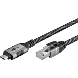 goobay Ethernet cable USB-C 3.2 Gen2 plug > RJ-45 plug, LAN adapter (black/silver, 3 meters, braided textile sheath)