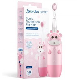 Periuta de dinti sonica pentru copii Nordics CA910 Girafa, 4 moduri, Pulsare usoara, Timer, Alerta pentru zone, Memorie, USB-C, Roz