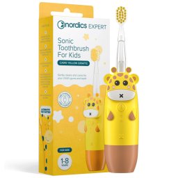 Periuta de dinti sonica pentru copii Nordics CA910 Girafa, 4 moduri, Pulsare usoara, Timer, Alerta pentru zone, Memorie, USB-C, Galben