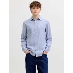 Jack & Jones Camasa barbati, Regular fit, din amestec de in, cu imprimeu in dungi, Albastru (SELECTATI MARIMEA: M)